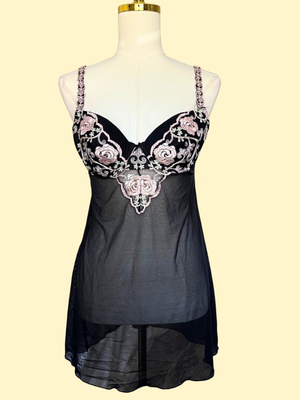 Y2K Gilligan O'Malley Black Pink Embroidered Mesh Slip Dress